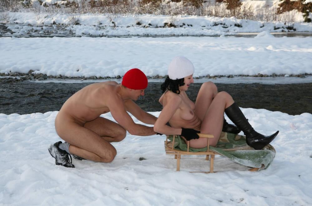 Naturist Girl Snow Day Couples Sled pics - Nudism promotes inner happiness